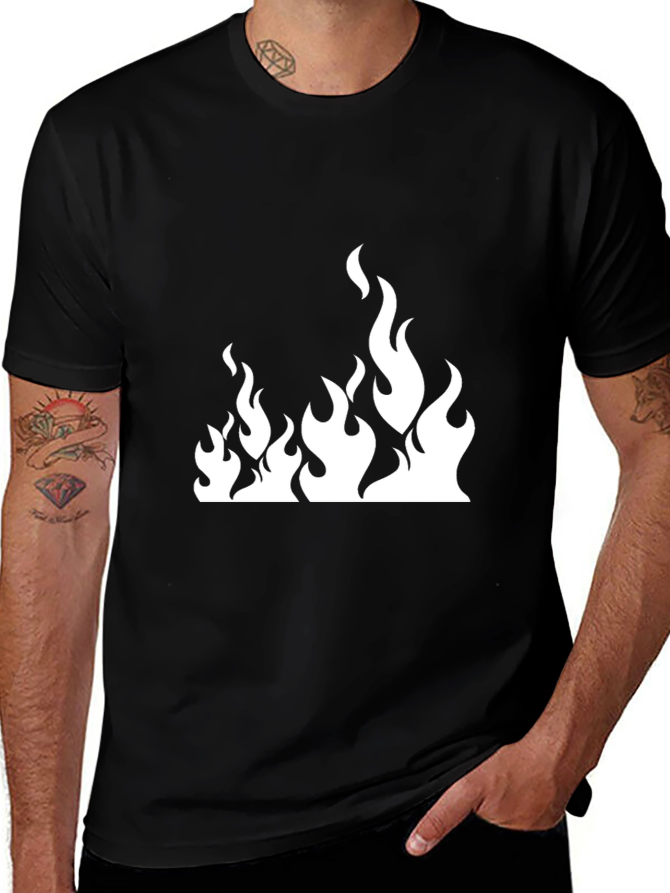 Black T-Shirt with White Flame Graphic