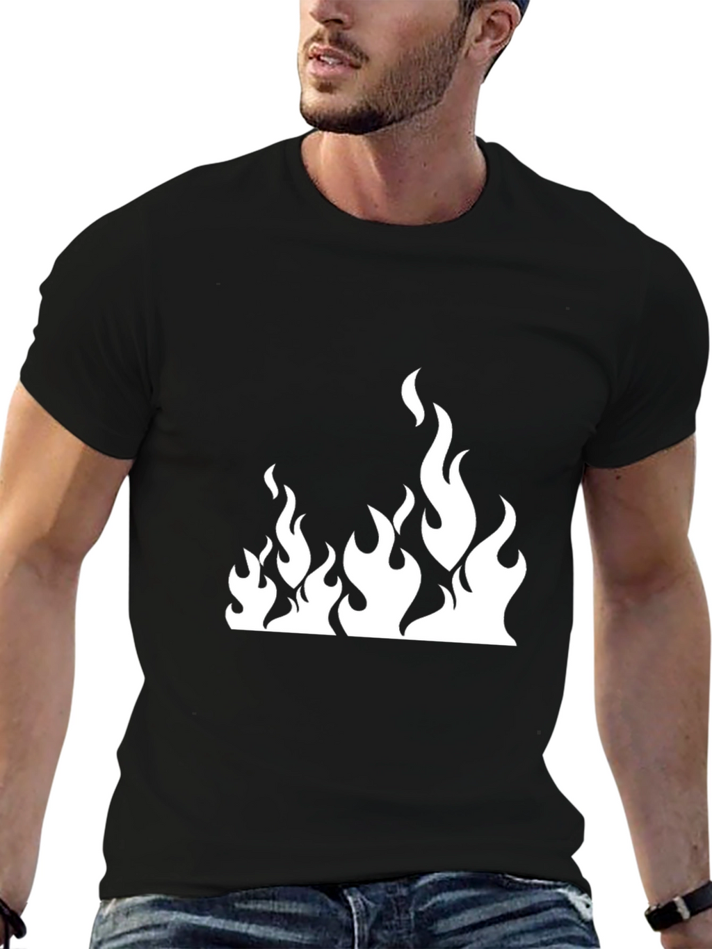 Black T-Shirt with White Flame Graphic