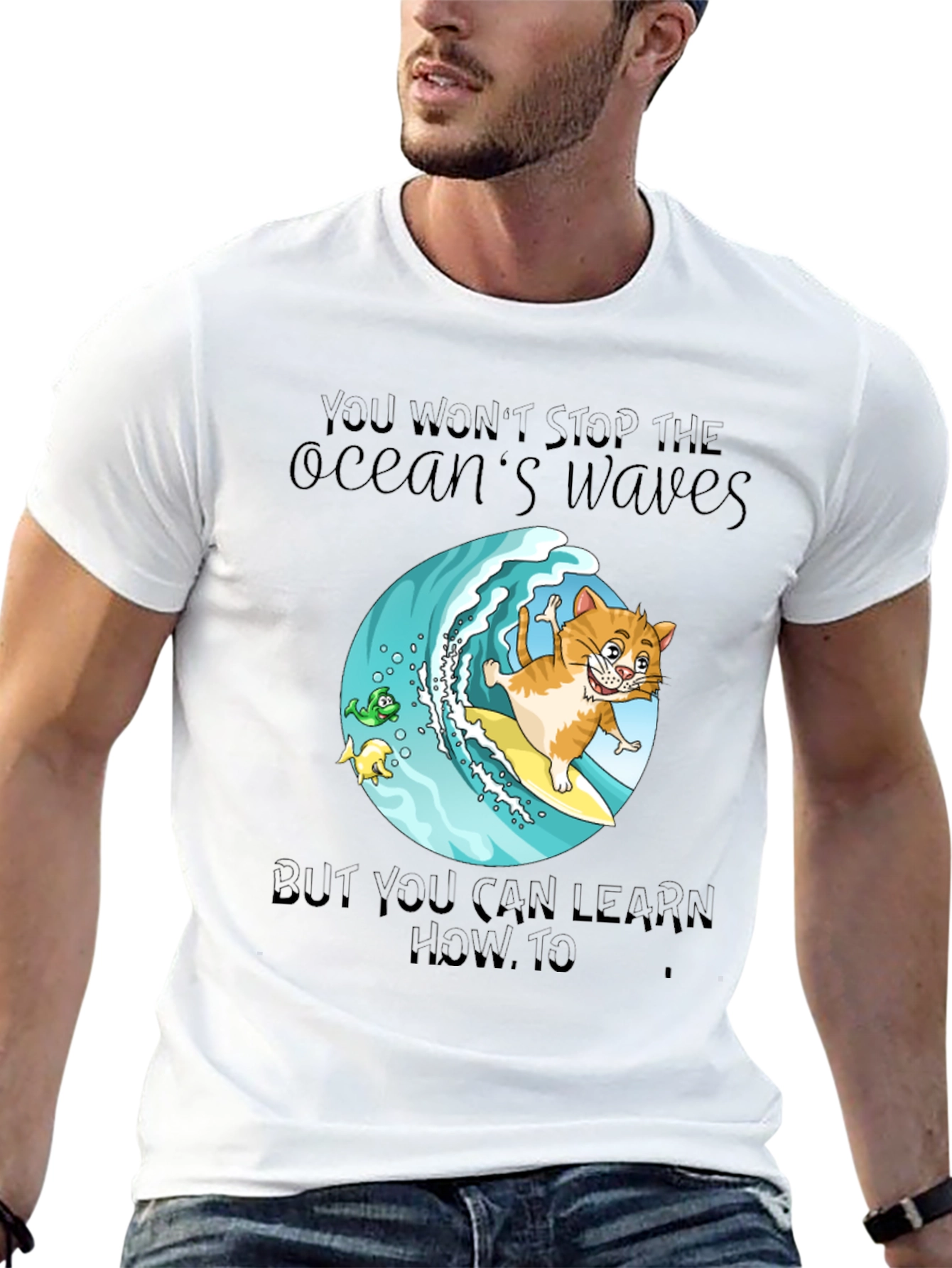 Surf Cat T-Shirt - Ocean Waves Graphic Tee