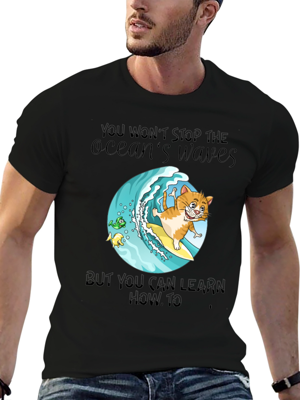 Surf Cat T-Shirt - Ocean Waves Graphic Tee