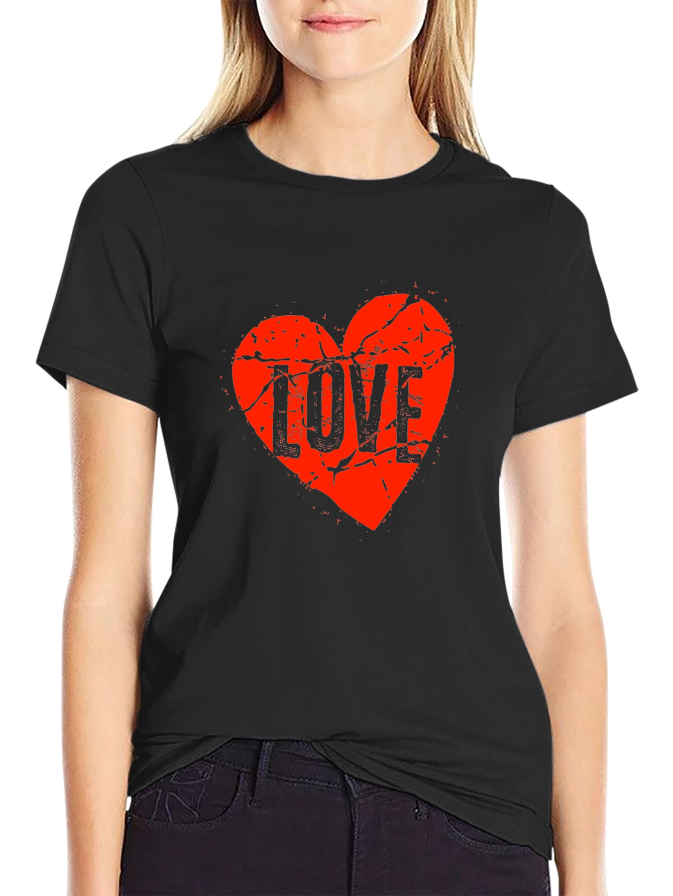 Distressed Love Heart Graphic Tee - Black