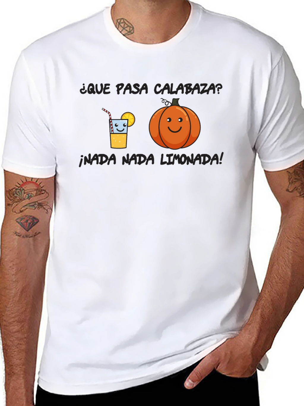 Humorous Black T-Shirt with Pumpkin and Lemonade Graphic
