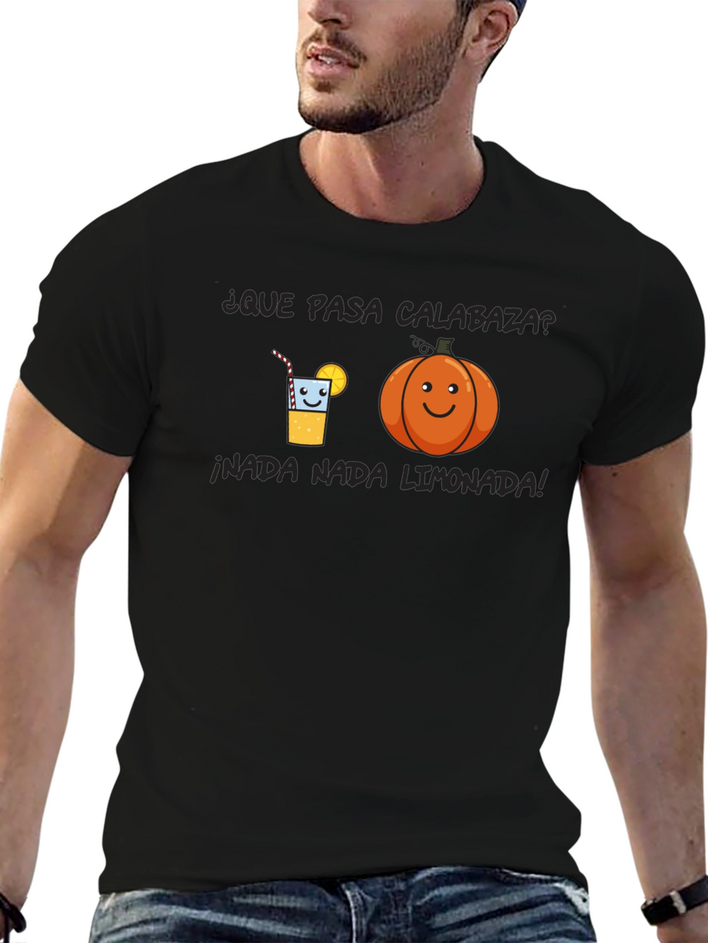 Humorous Black T-Shirt with Pumpkin and Lemonade Graphic