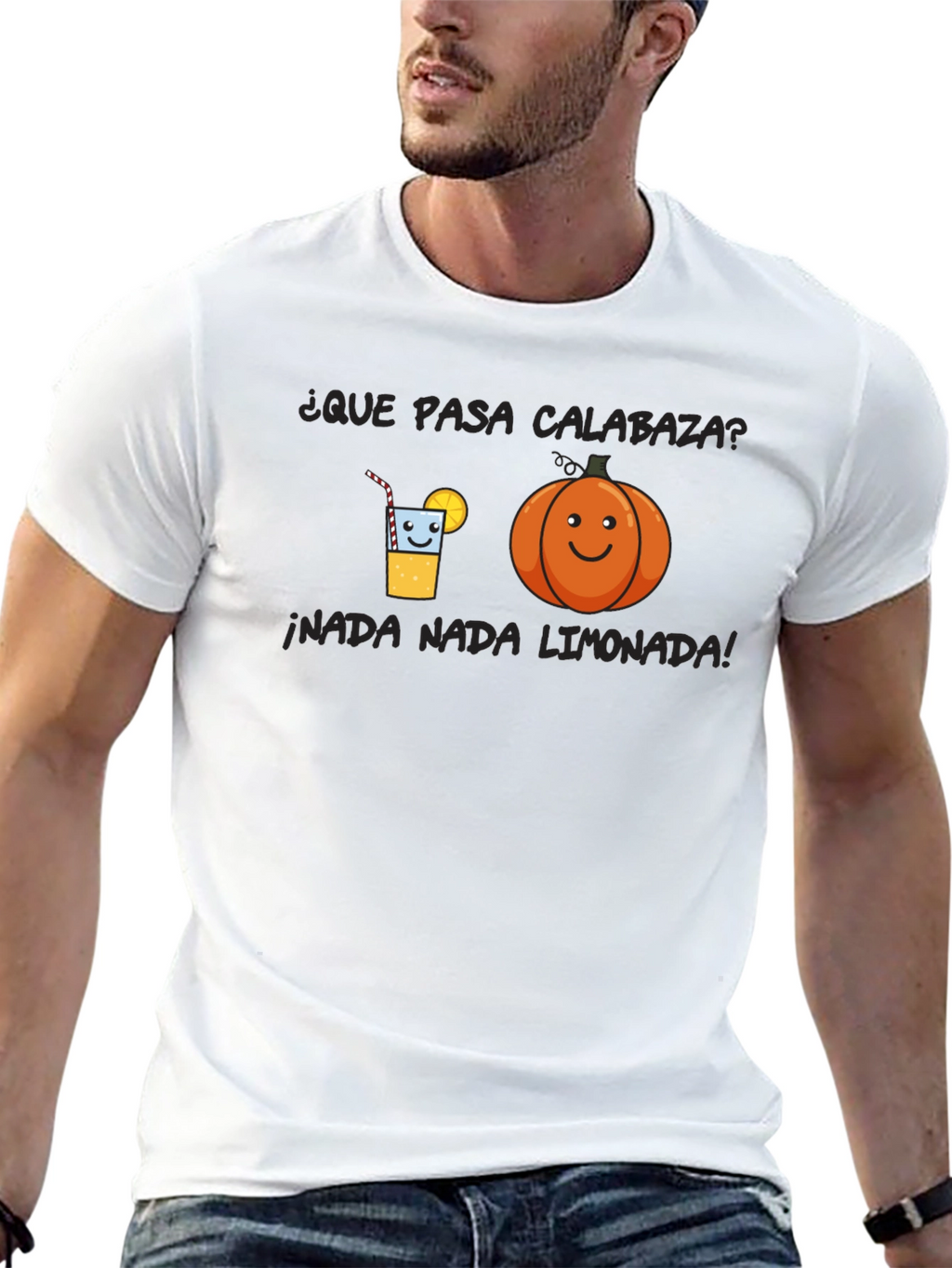 Humorous Black T-Shirt with Pumpkin and Lemonade Graphic
