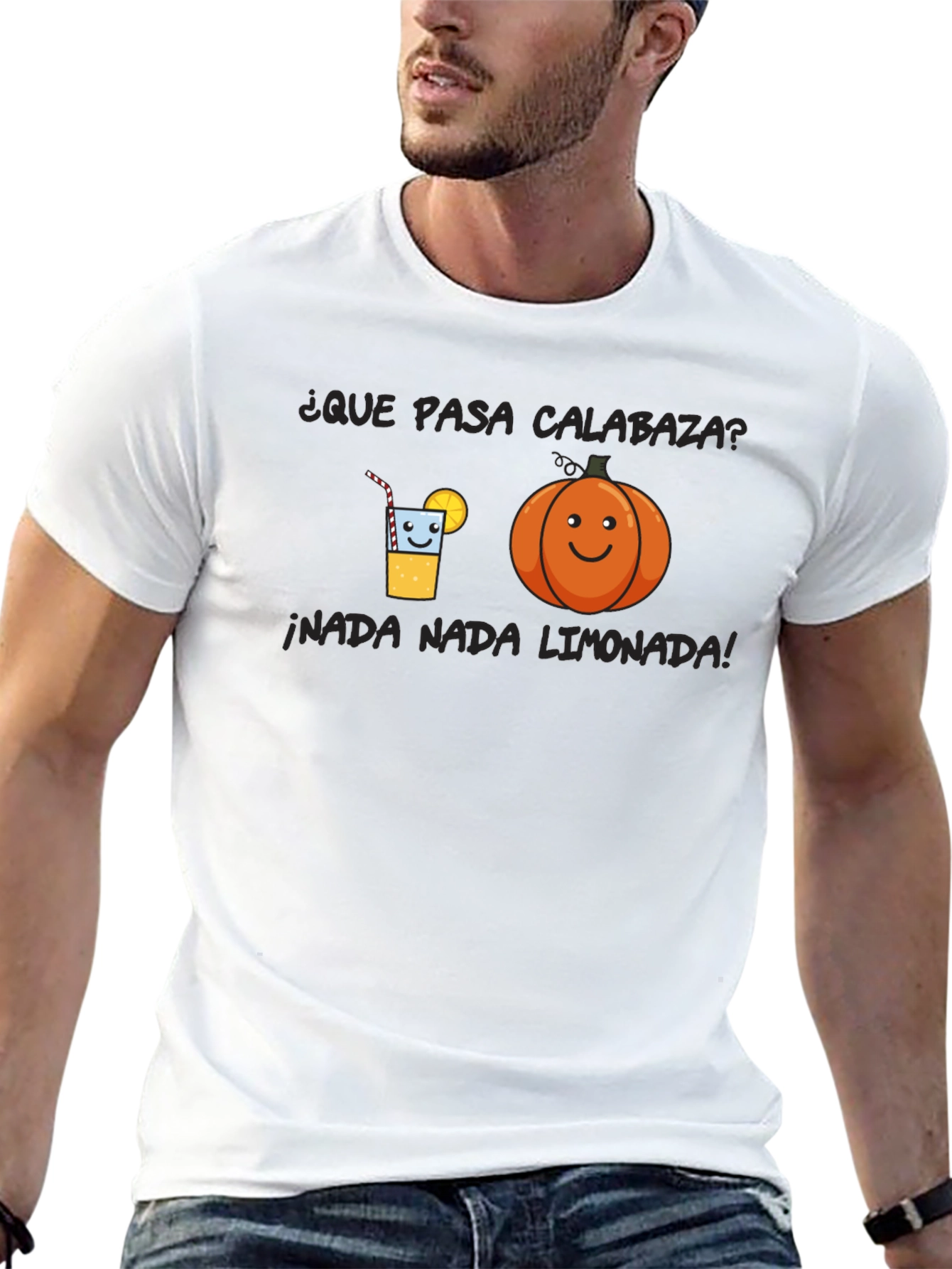 Humorous Black T-Shirt with Pumpkin and Lemonade Graphic
