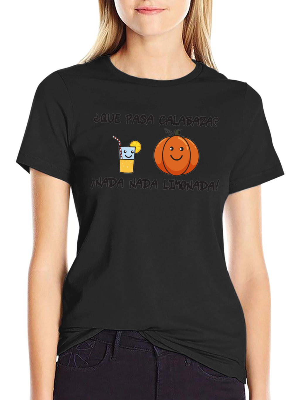 Humorous Black T-Shirt with Pumpkin and Lemonade Graphic