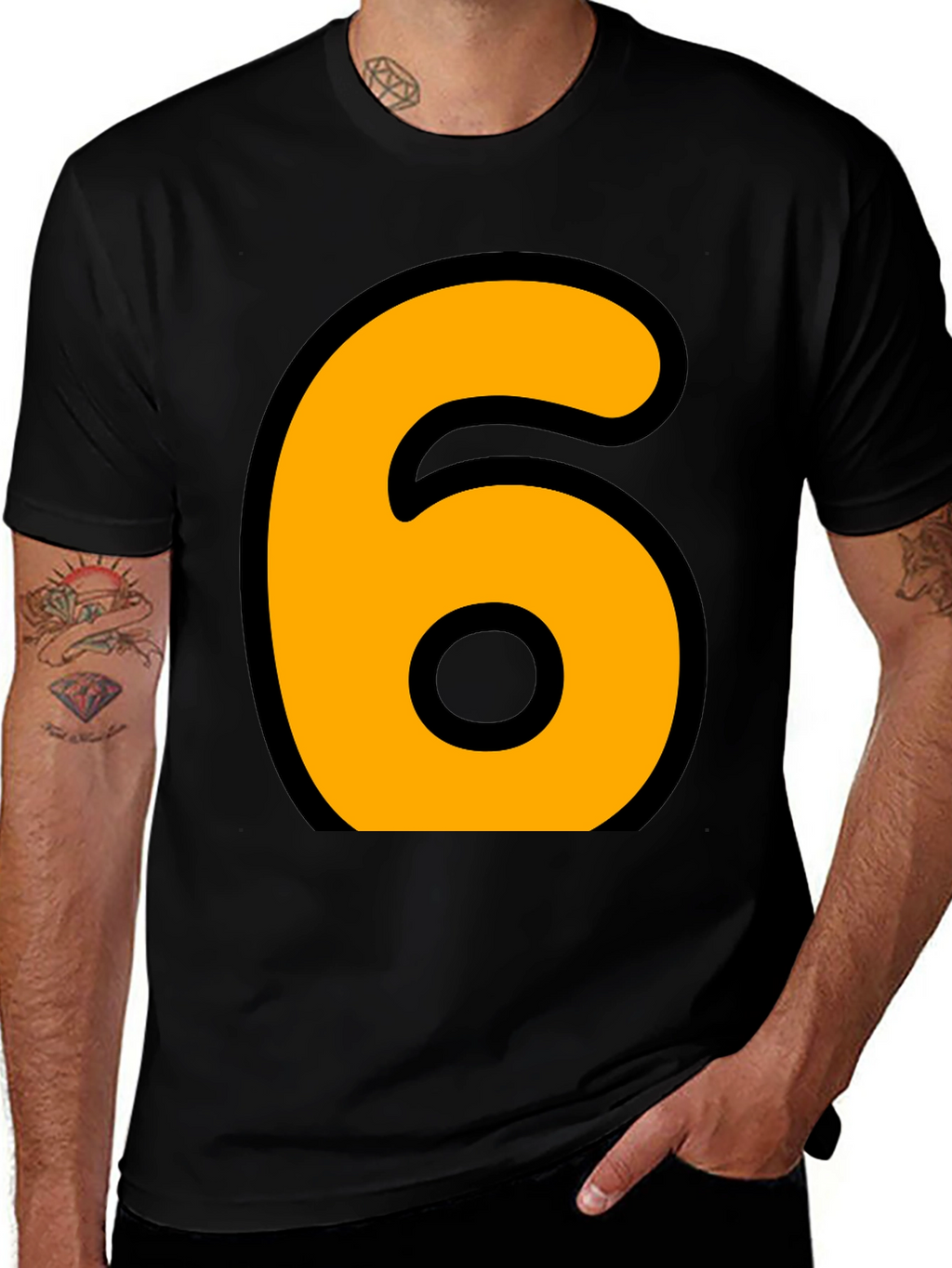 Bold Number 6 Graphic Tee - Casual Black T-Shirt