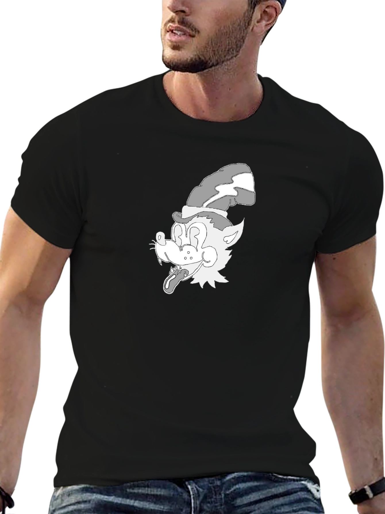 Cartoon Wolf Graphic Tee - Classic Black