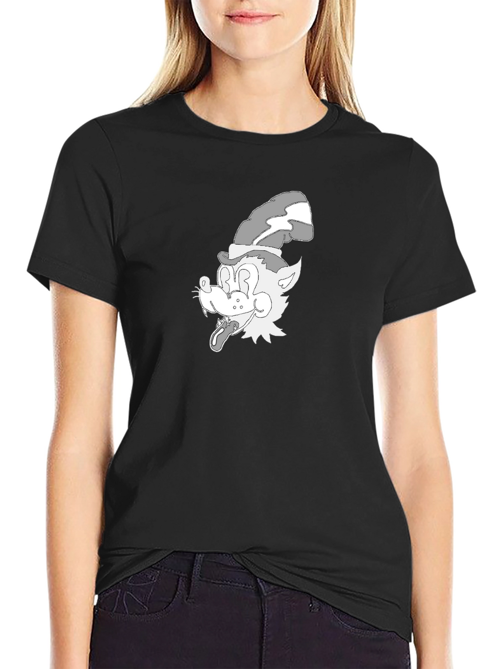 Cartoon Wolf Graphic Tee - Classic Black