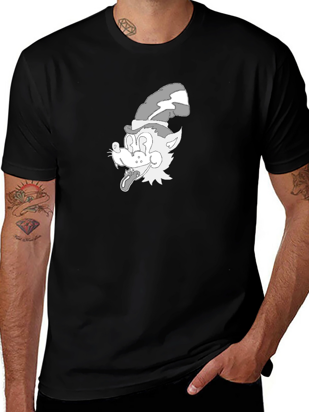 Cartoon Wolf Graphic Tee - Classic Black