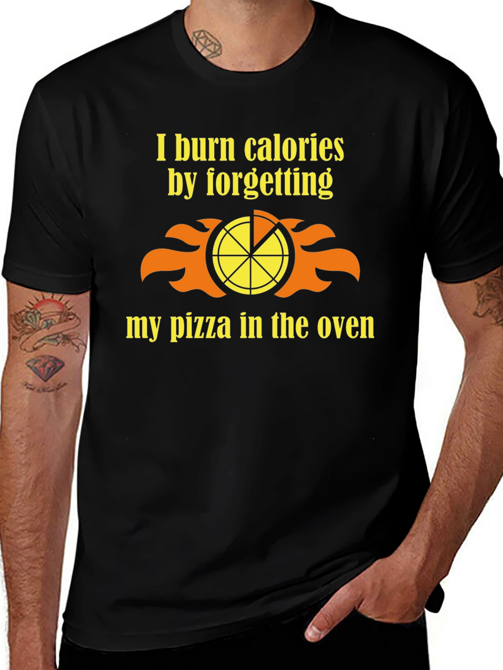 Funny Burned Pizza Calorie Mens Black T-Shirt