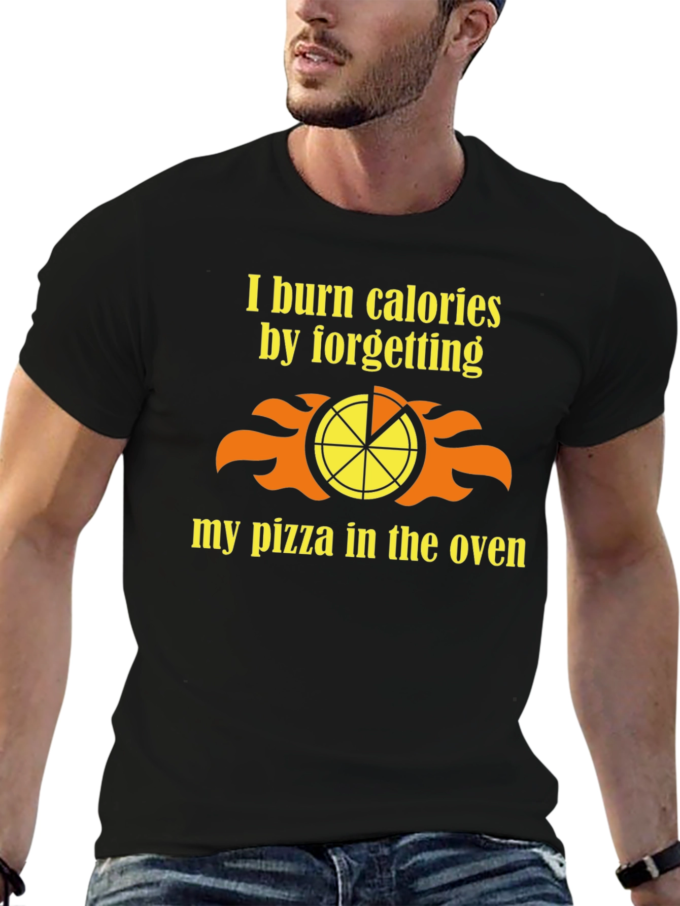 Funny Burned Pizza Calorie Mens Black T-Shirt