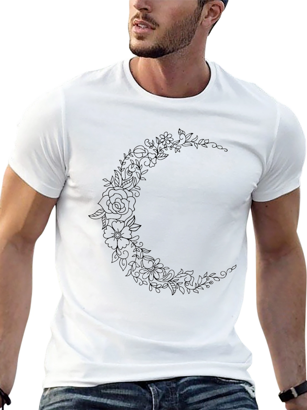 Floral Crescent Moon Black Graphic Tee