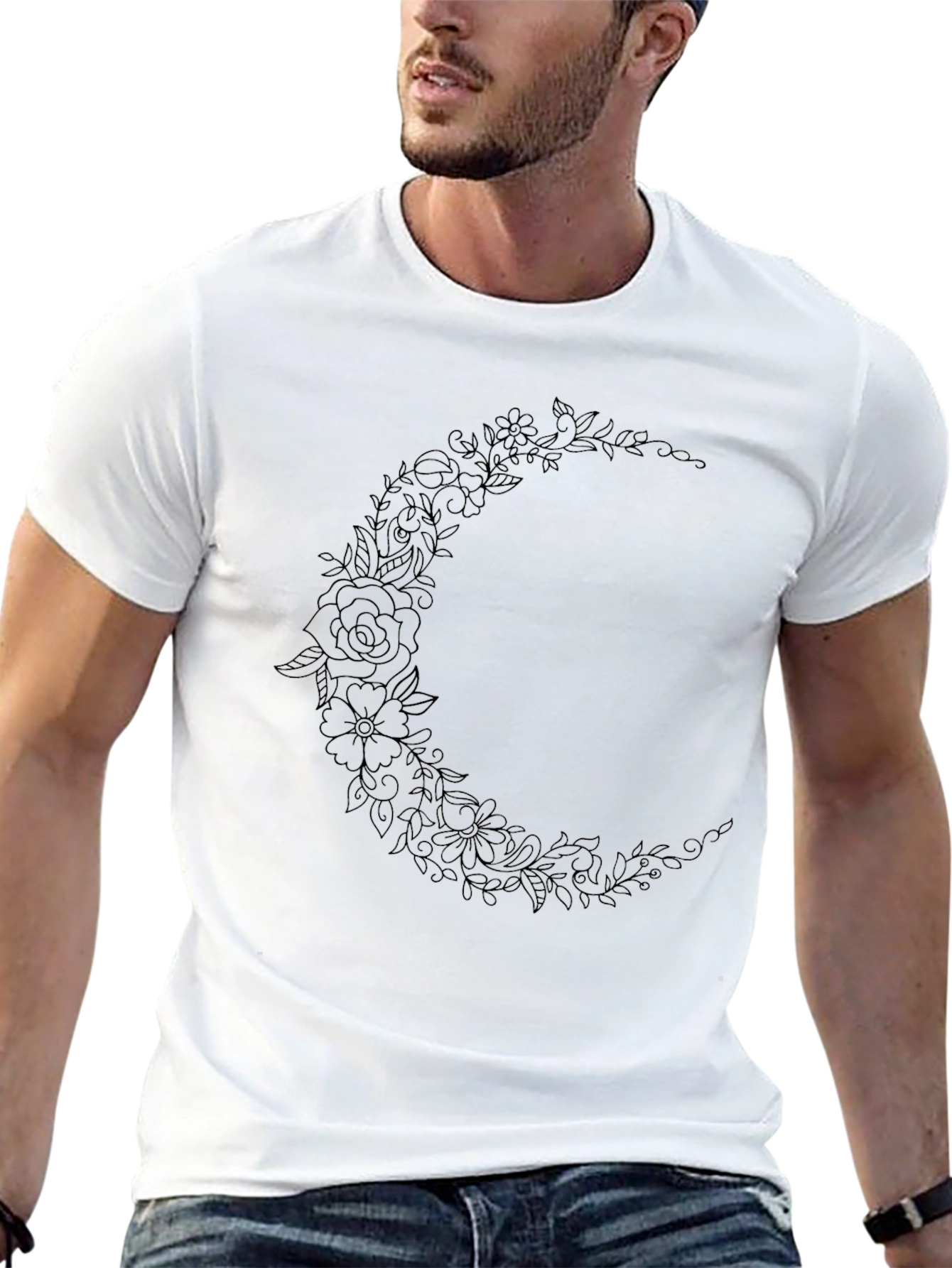 Floral Crescent Moon Black Graphic Tee