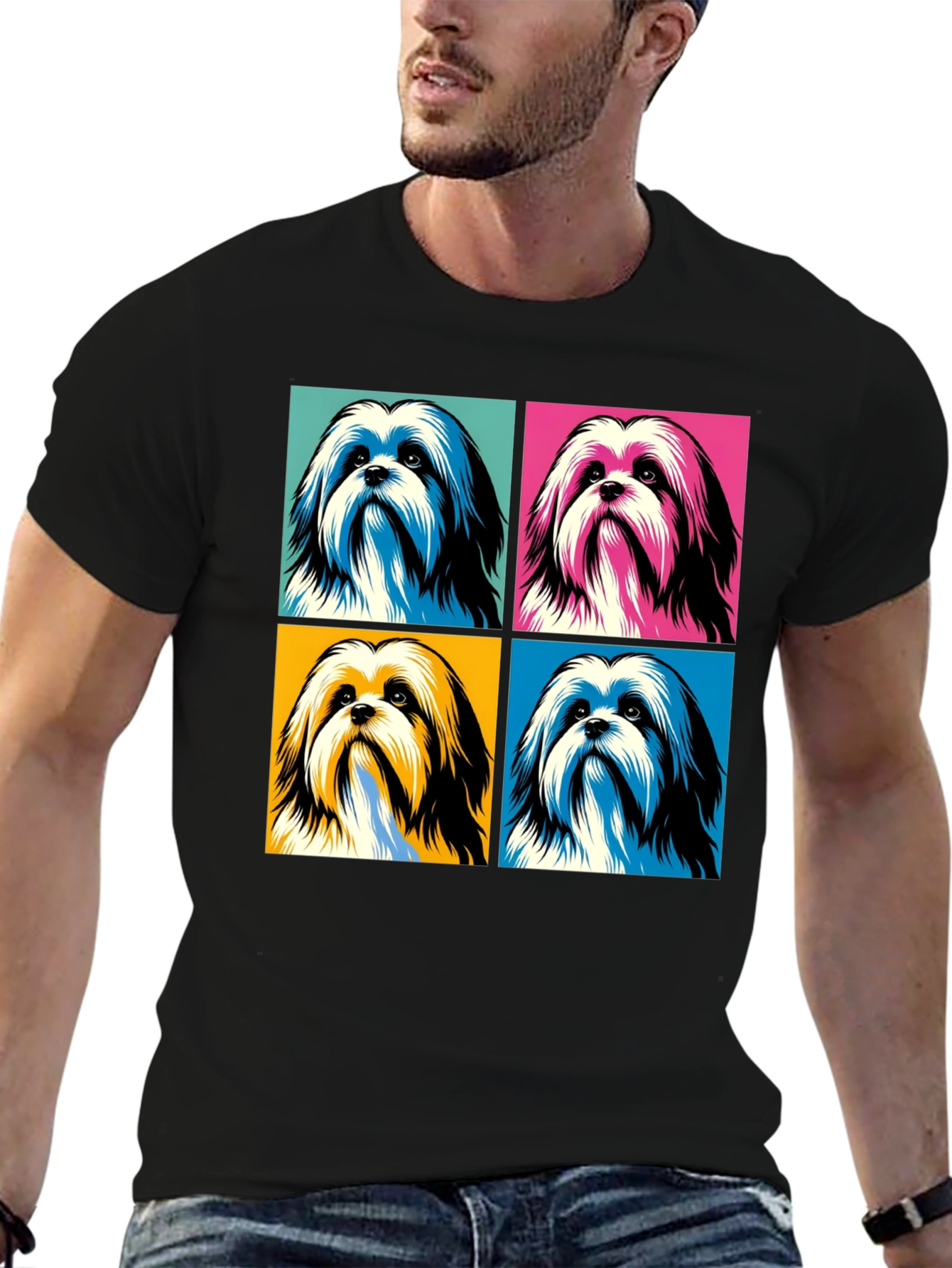 Pop Art Shih Tzu Dog Graphic Black T-Shirt