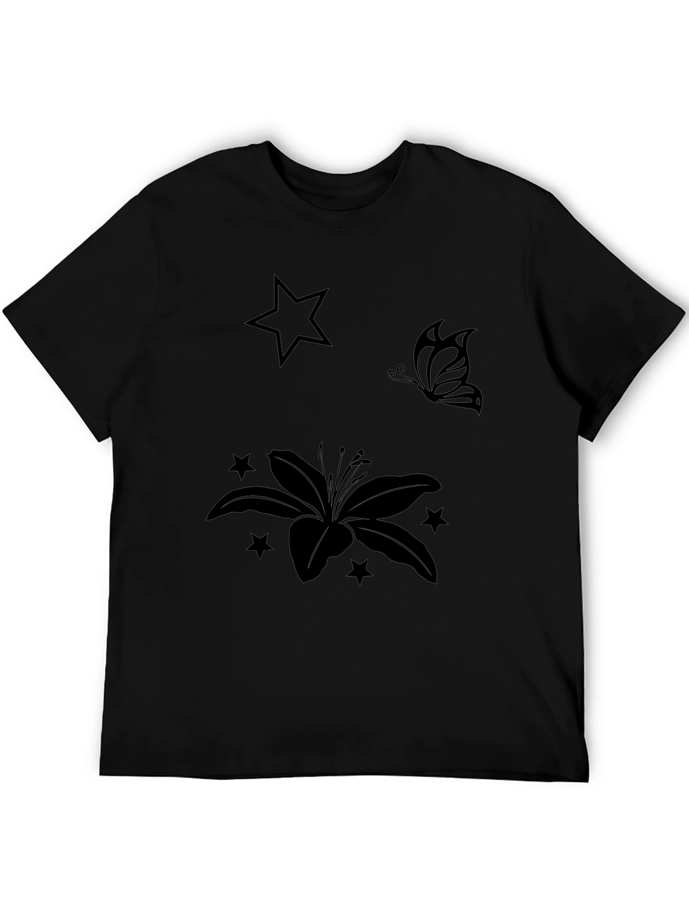 Black Graphic Tee with Floral & Star Design