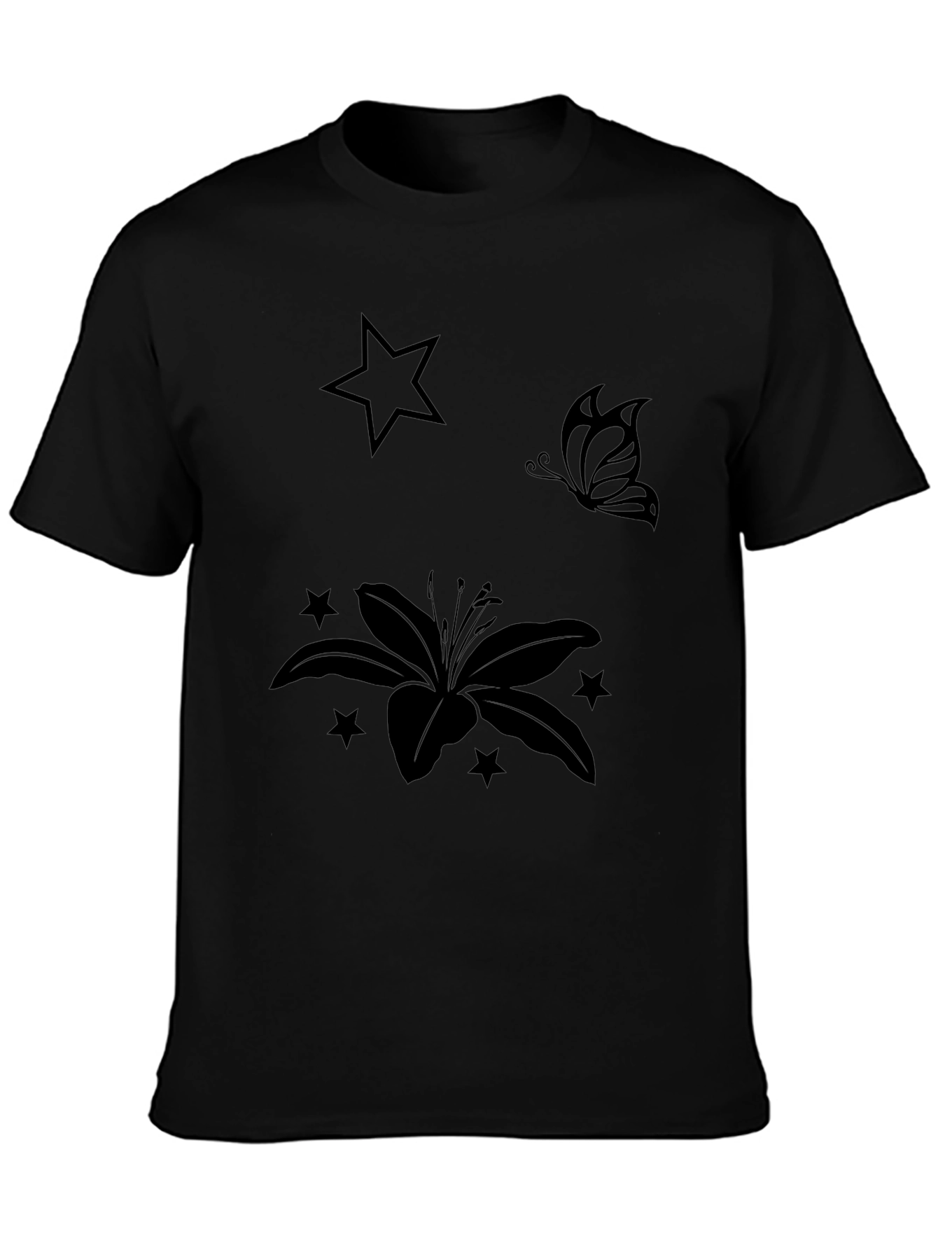 Black Graphic Tee with Floral & Star Design