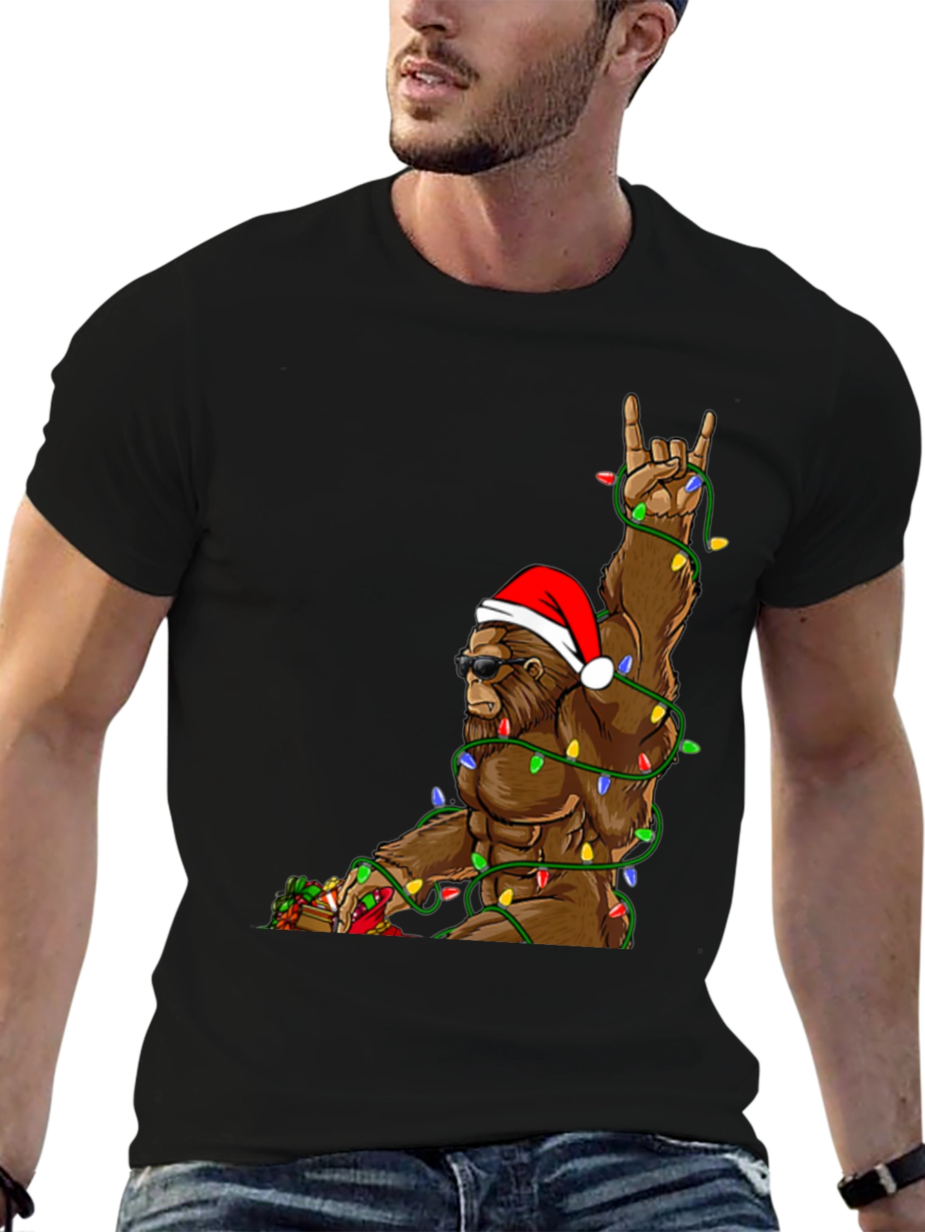 Festive Bigfoot T-Shirt with Christmas Lights