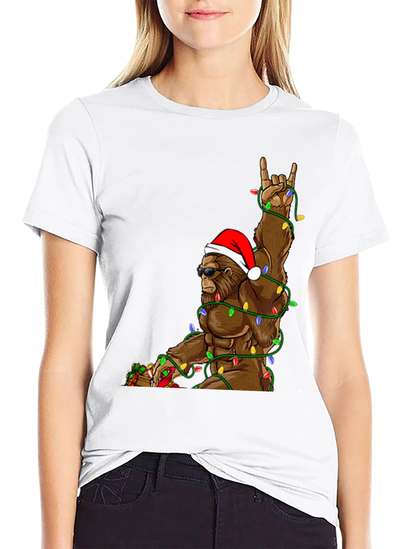 Festive Bigfoot T-Shirt with Christmas Lights
