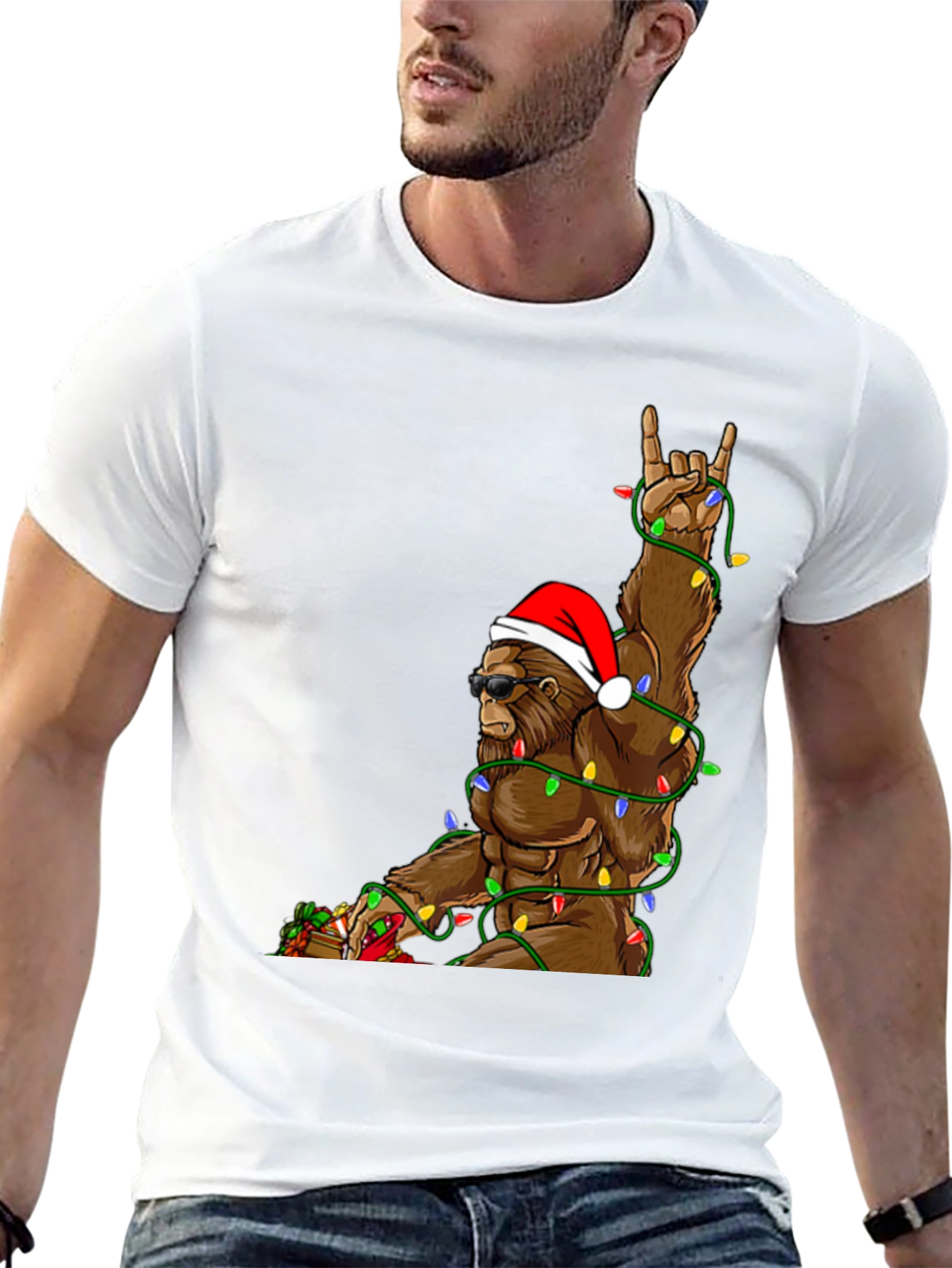 Festive Bigfoot T-Shirt with Christmas Lights