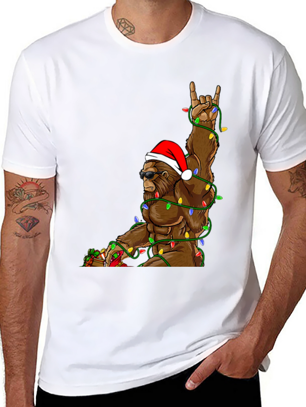 Festive Bigfoot T-Shirt with Christmas Lights