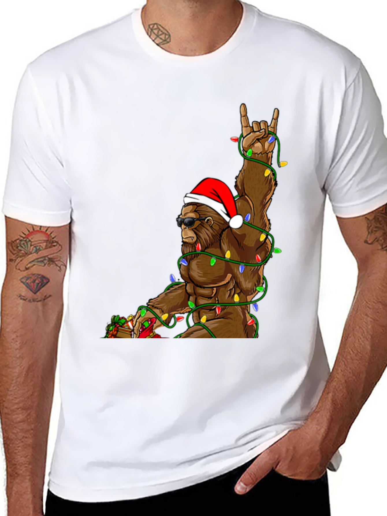 Festive Bigfoot T-Shirt with Christmas Lights