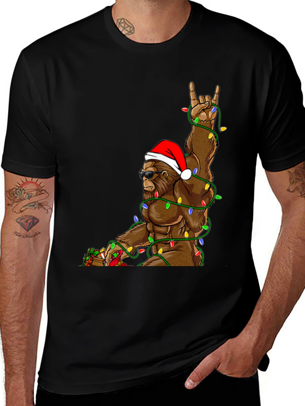 Festive Bigfoot T-Shirt with Christmas Lights
