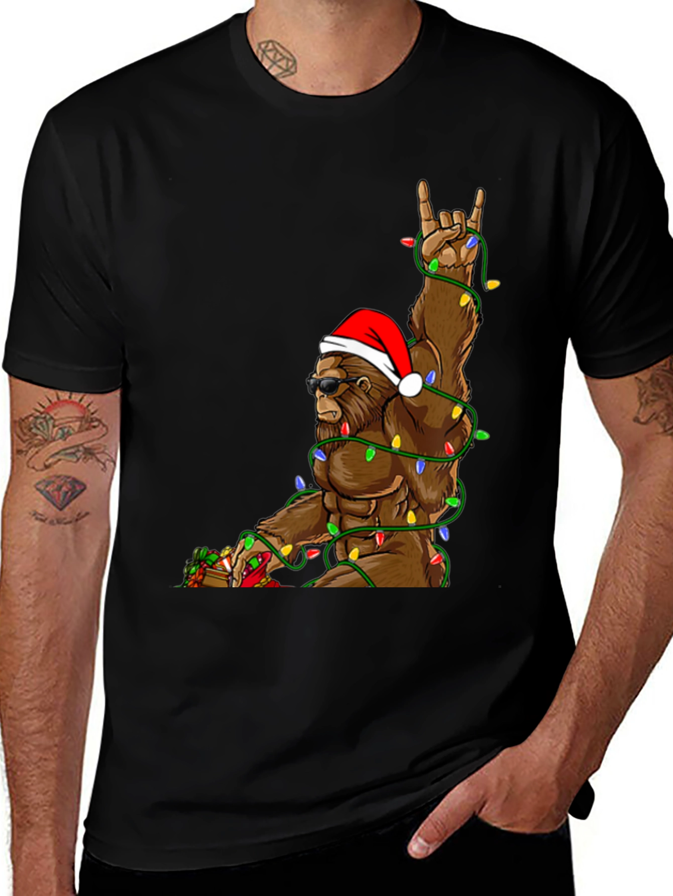 Festive Bigfoot T-Shirt with Christmas Lights