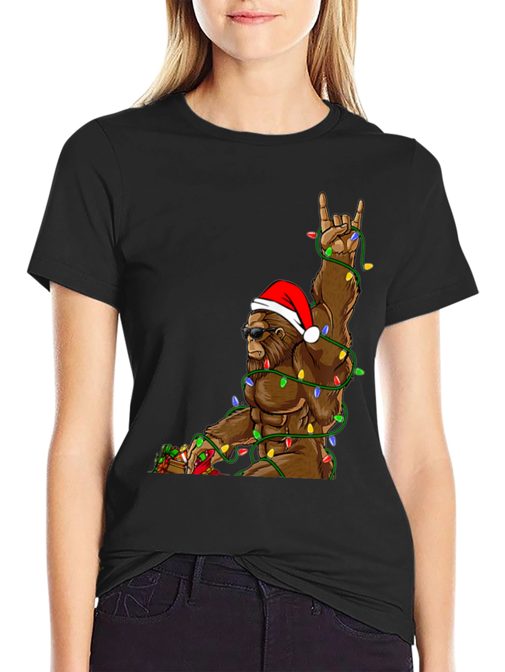 Festive Bigfoot T-Shirt with Christmas Lights
