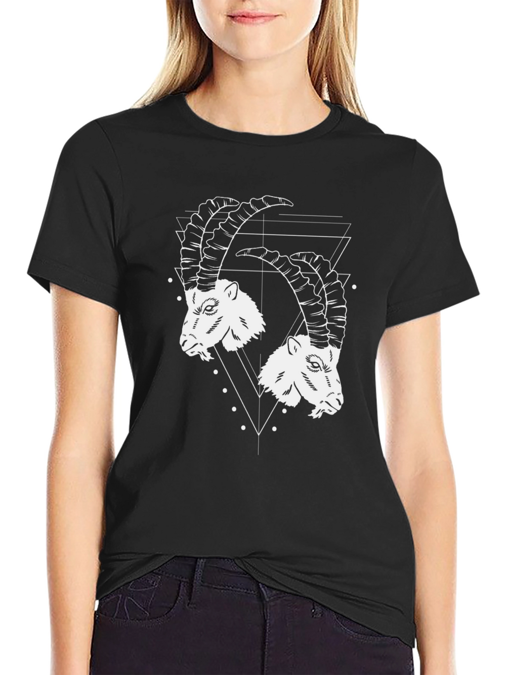 Geometric Ibex Head Graphic Tee - Black Cotton T-Shirt