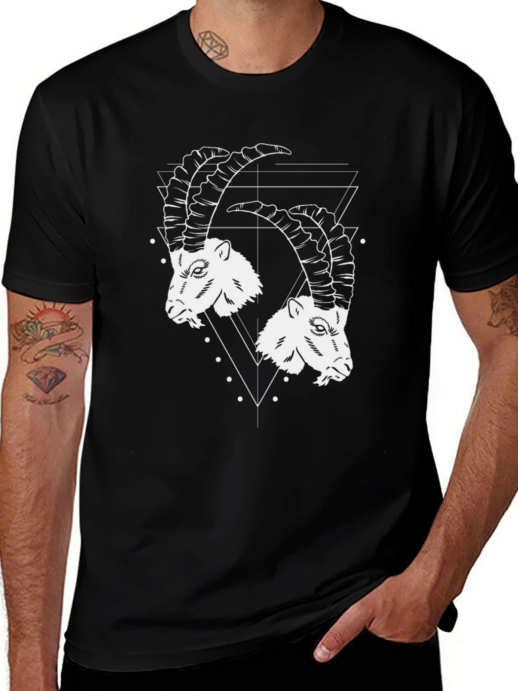 Geometric Ibex Head Graphic Tee - Black Cotton T-Shirt