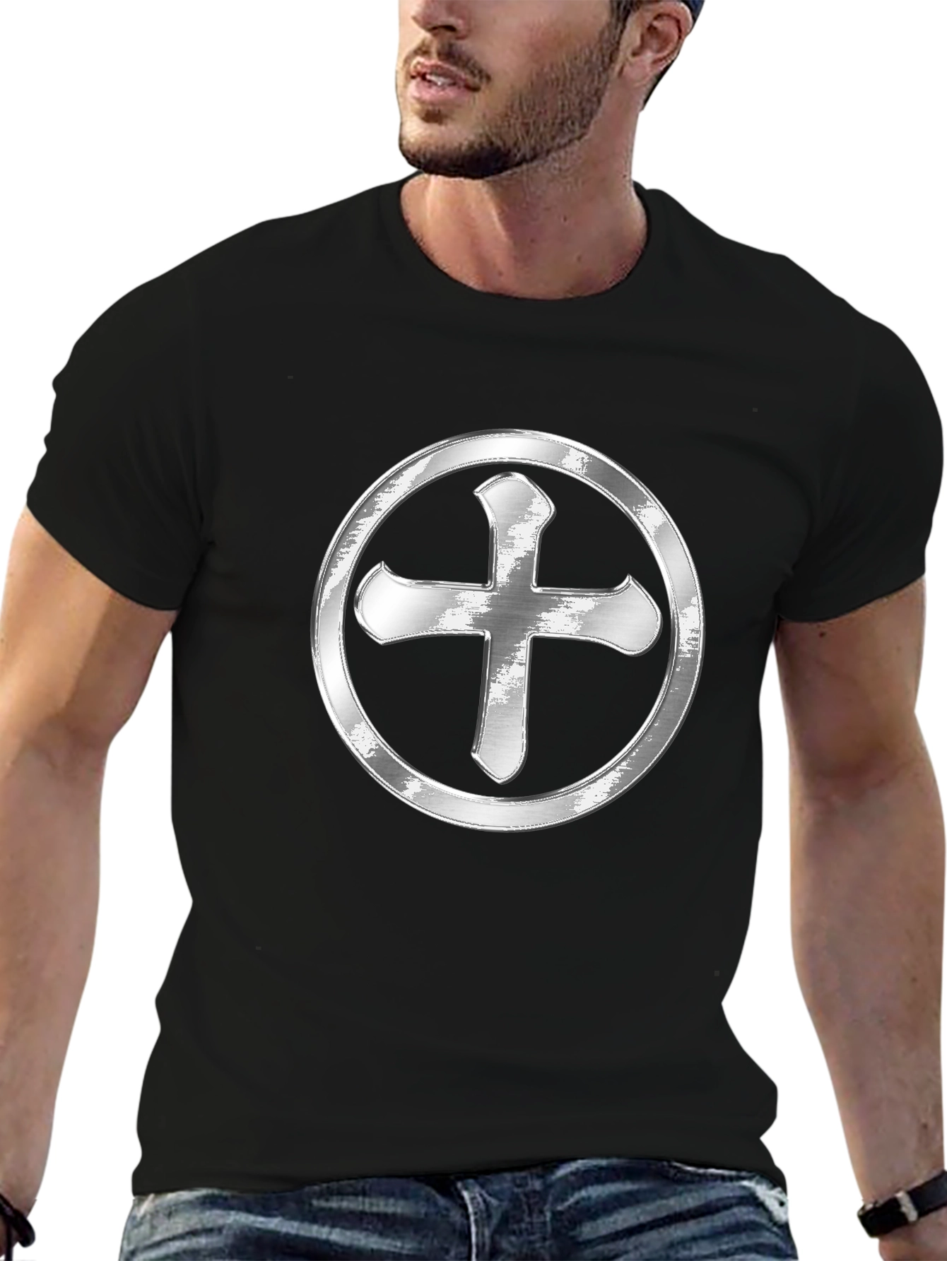 Silver Cross Design Black T-Shirt