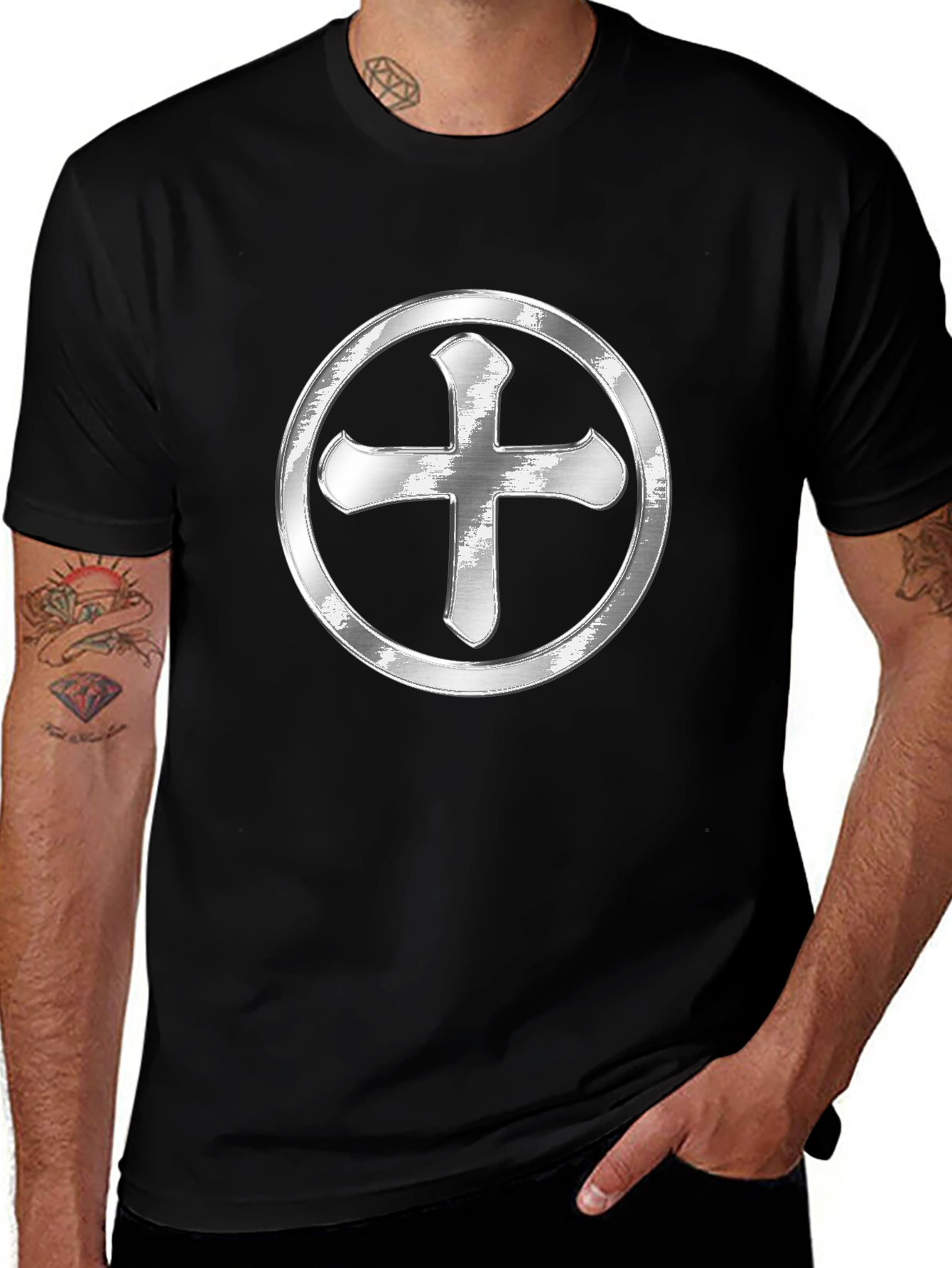 Silver Cross Design Black T-Shirt