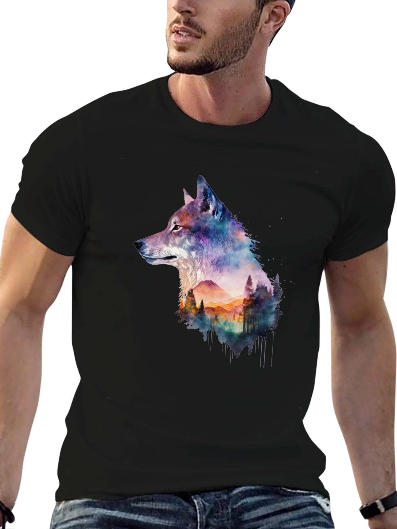 Wolf & Forest Graphic Tee - Black Cotton T-Shirt