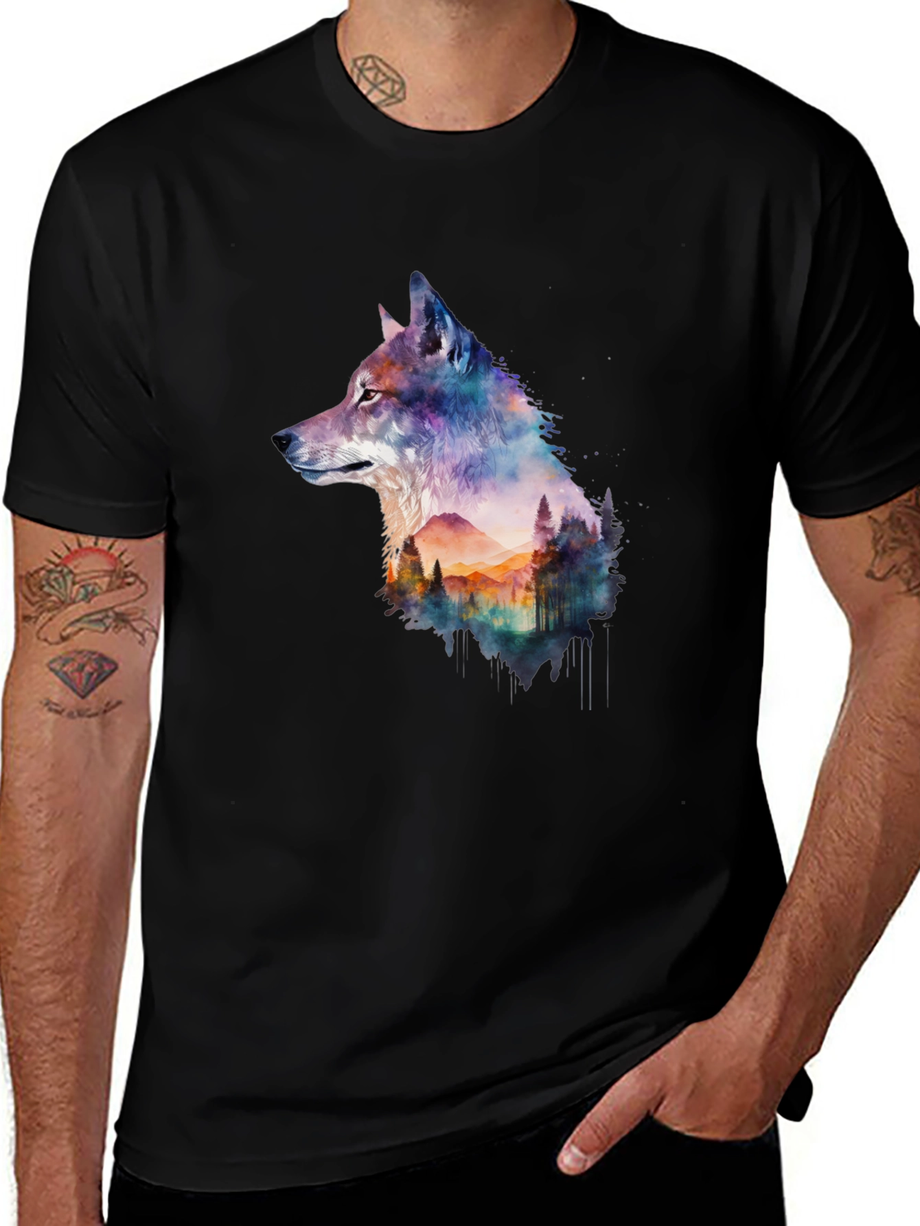 Wolf & Forest Graphic Tee - Black Cotton T-Shirt
