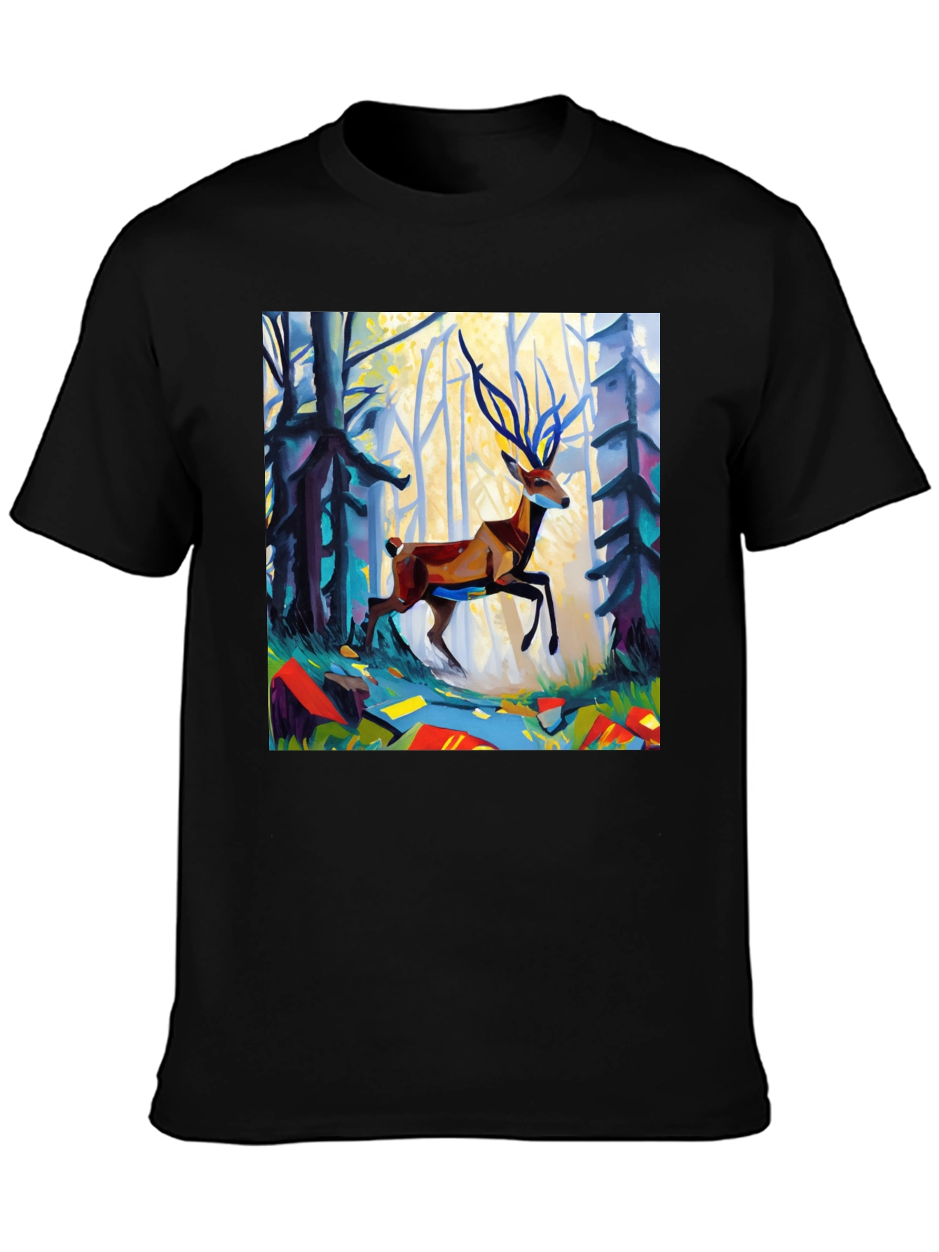Abstract Deer Forest Graphic Tee - Black Casual T-Shirt