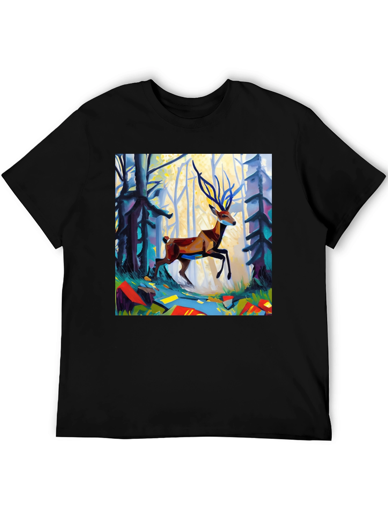 Abstract Deer Forest Graphic Tee - Black Casual T-Shirt