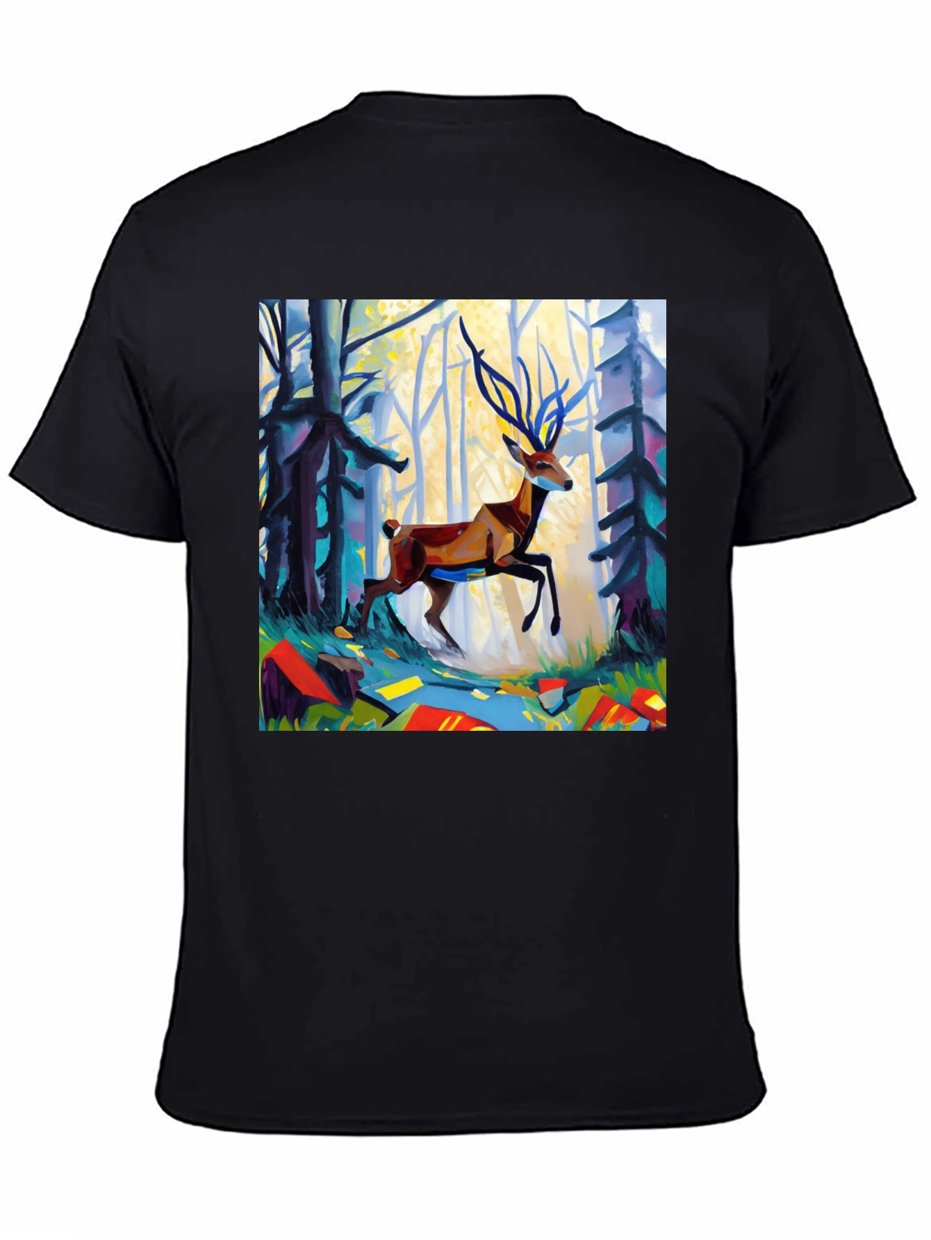 Abstract Deer Forest Graphic Tee - Black Casual T-Shirt