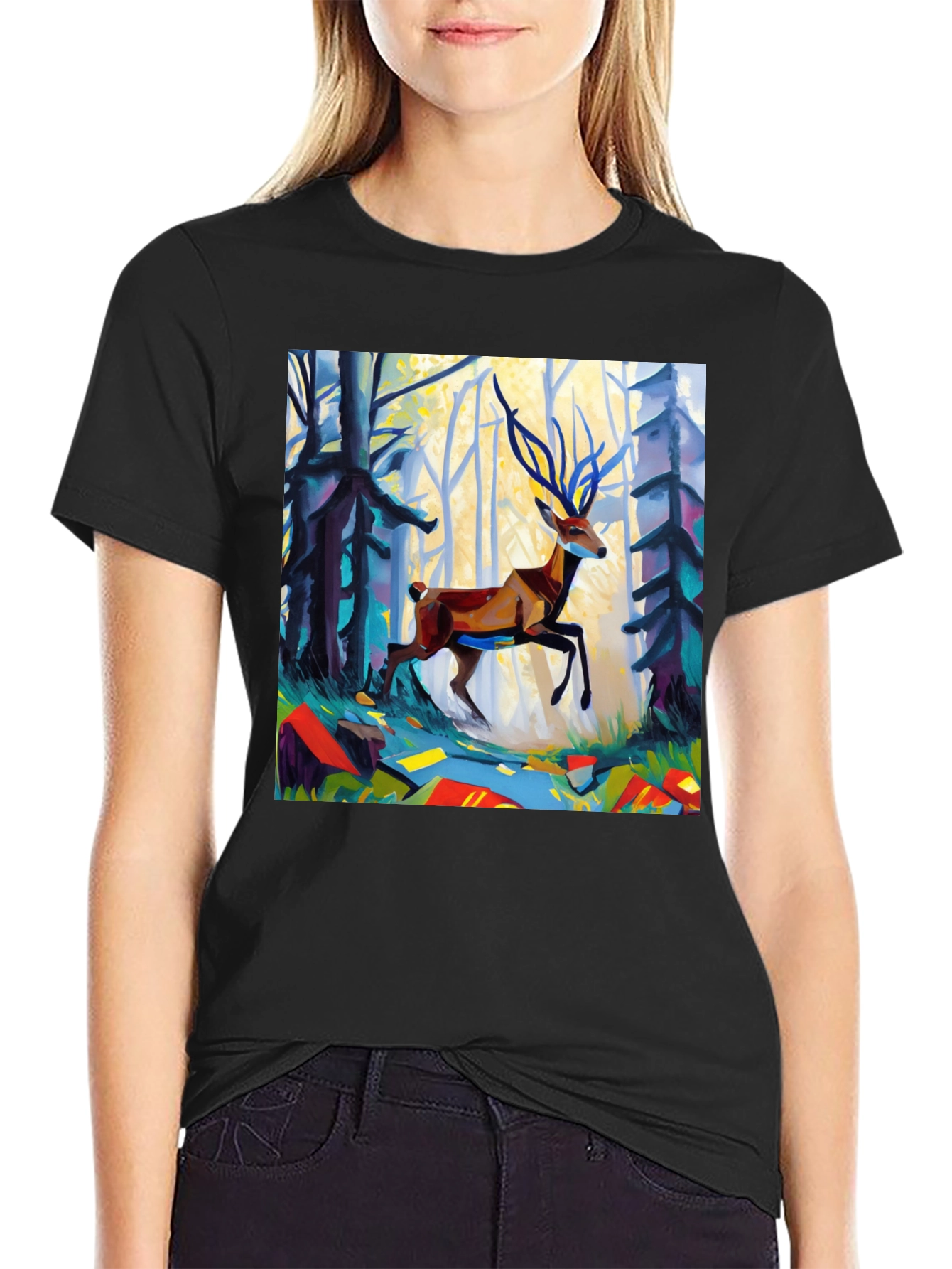 Abstract Deer Forest Graphic Tee - Black Casual T-Shirt
