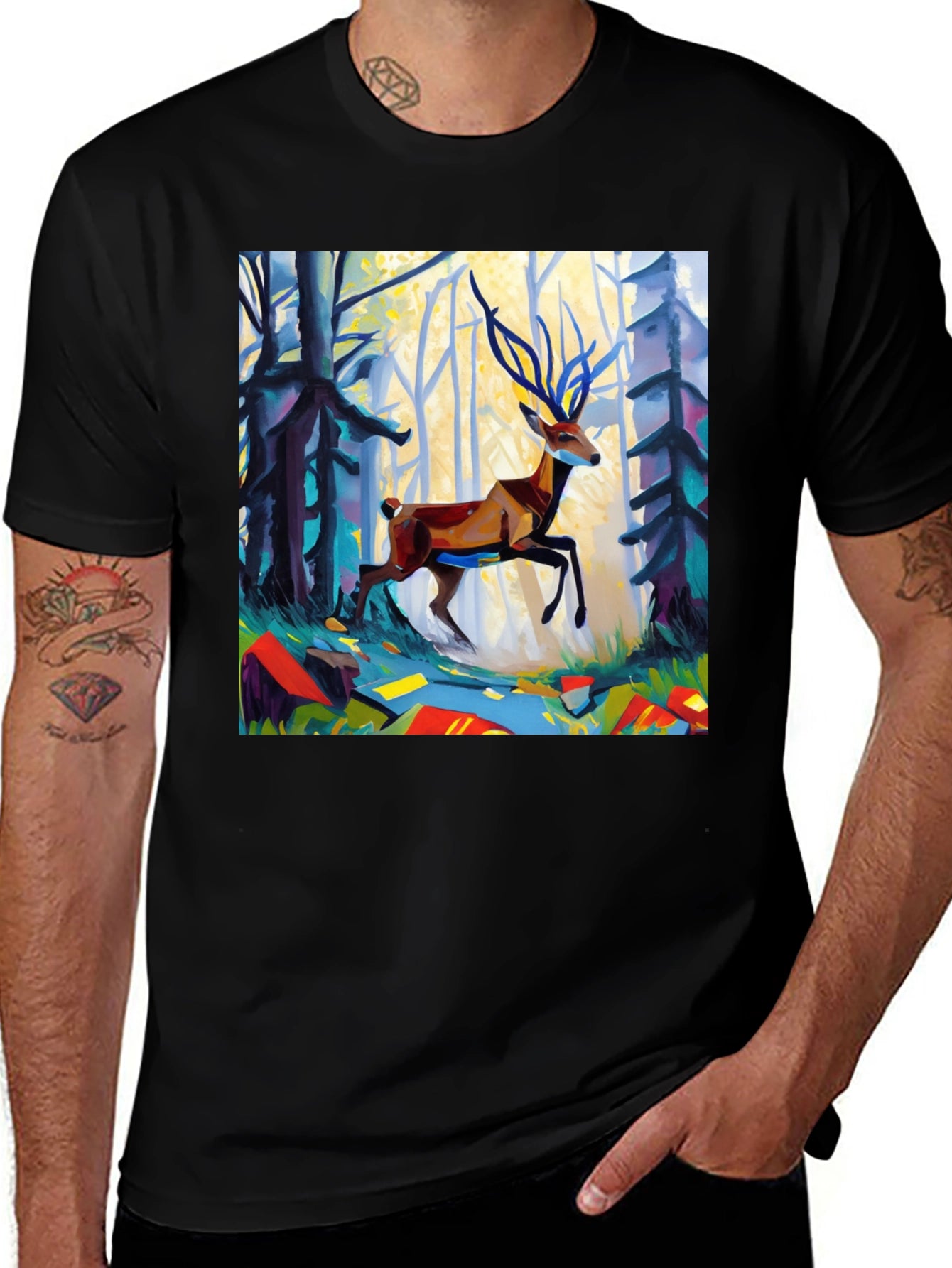 Abstract Deer Forest Graphic Tee - Black Casual T-Shirt