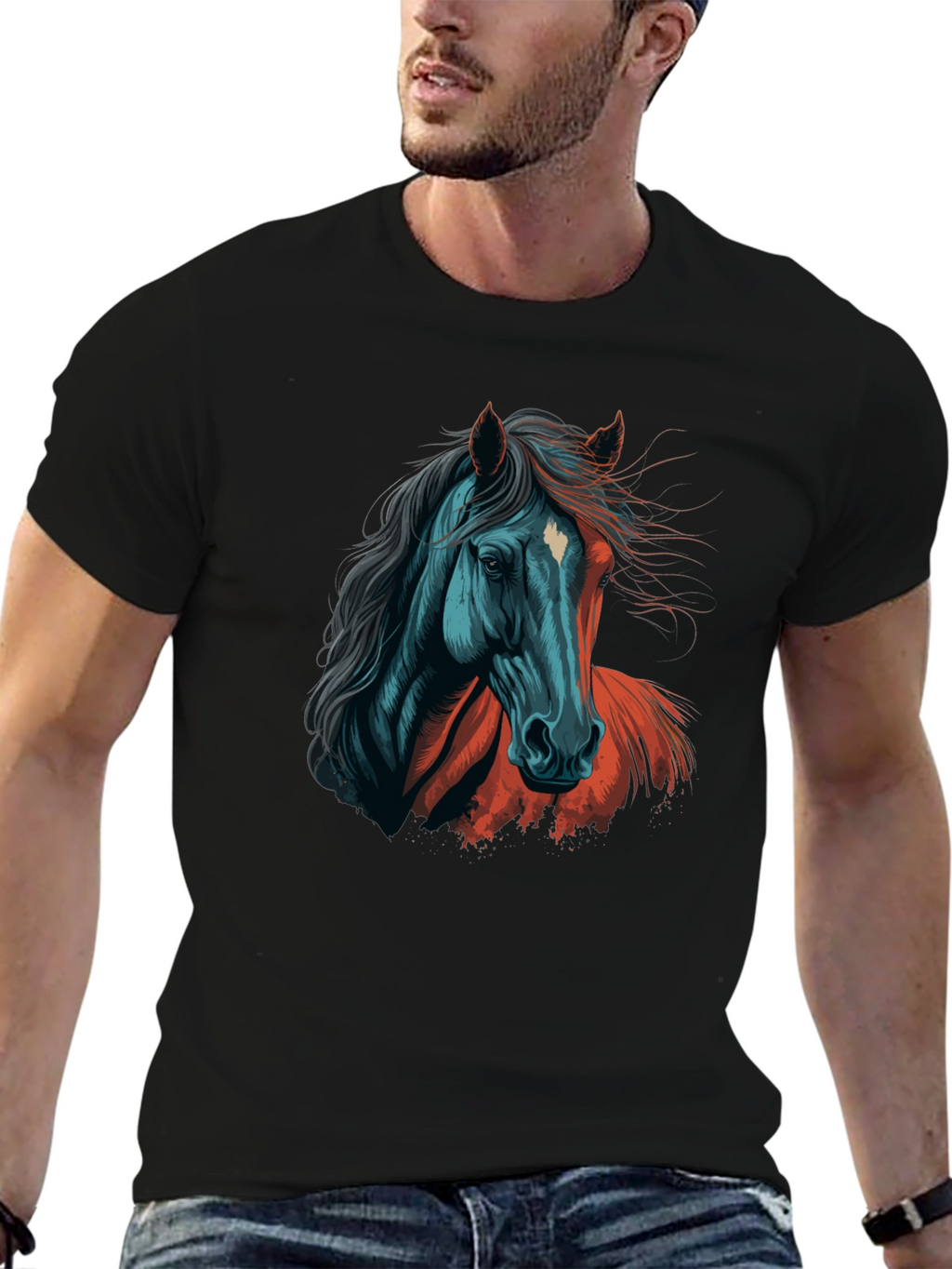Horse Graphic Tee - Artistic Print Black T-Shirt