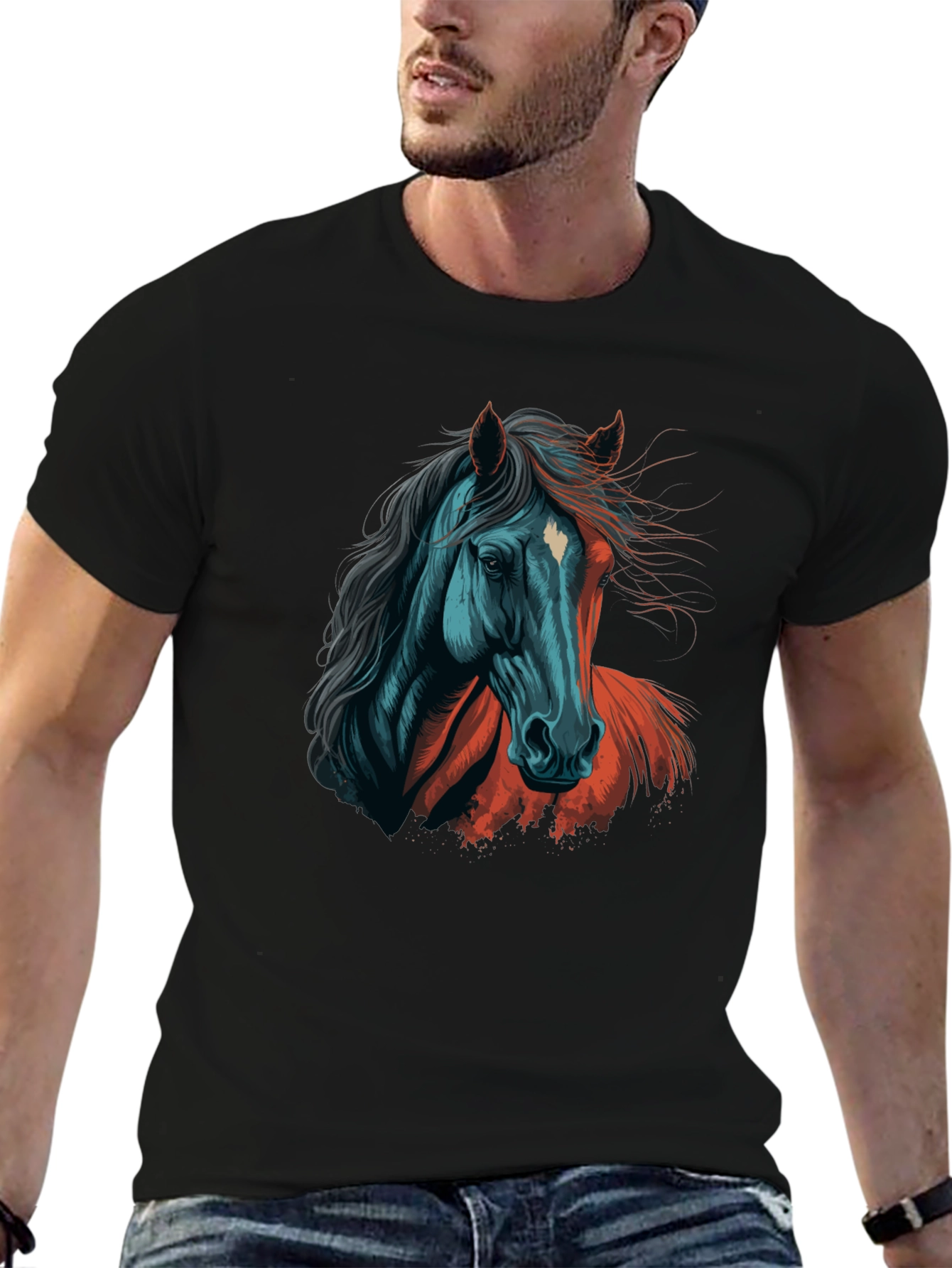 Horse Graphic Tee - Artistic Print Black T-Shirt