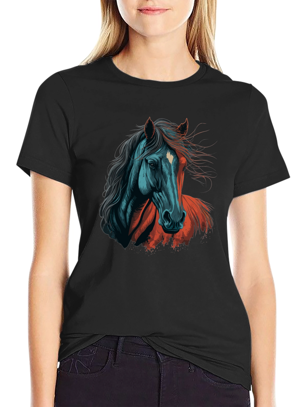 Horse Graphic Tee - Artistic Print Black T-Shirt