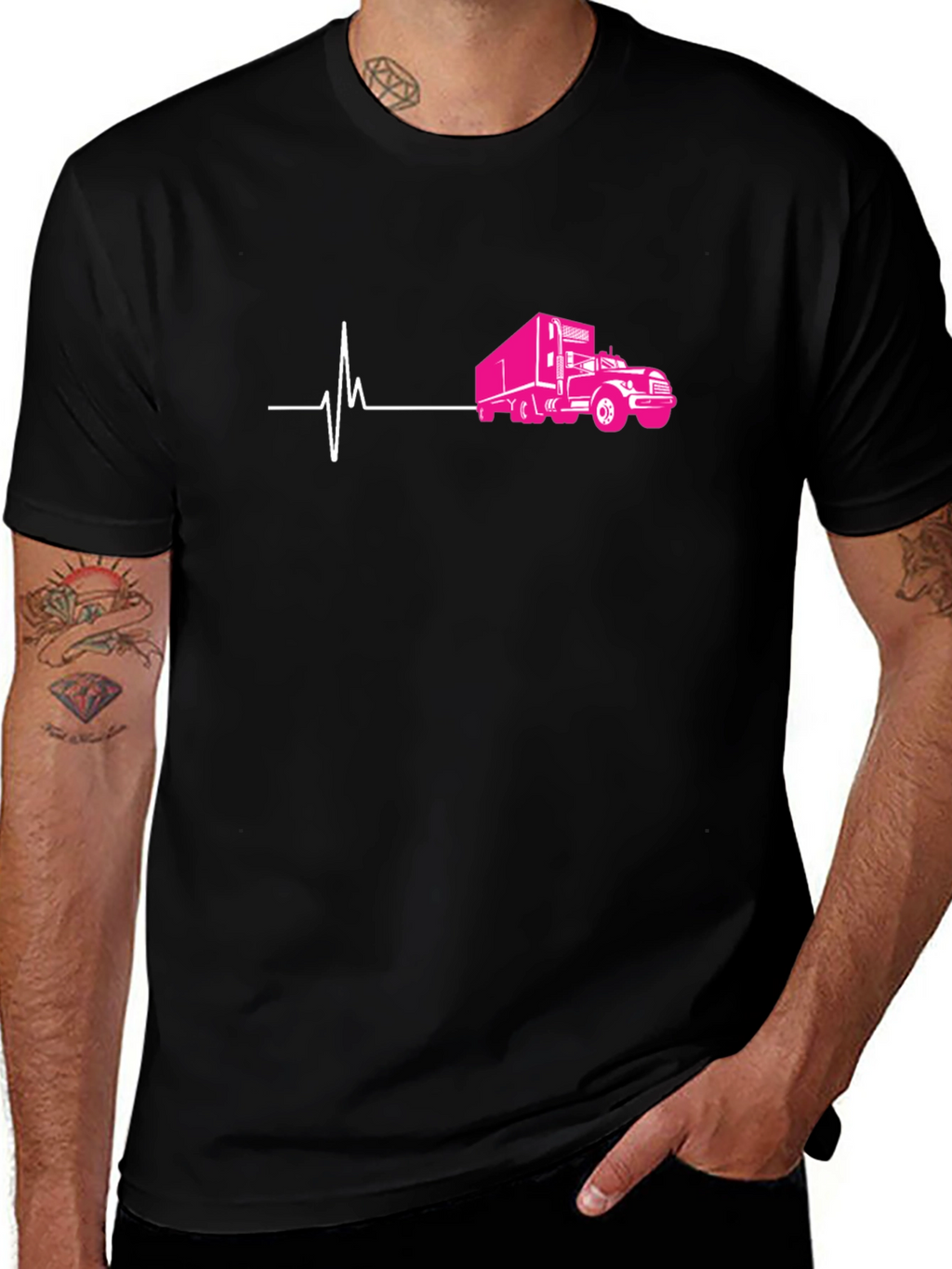Truck Heartbeat Graphic Tee - Black Cotton T-Shirt