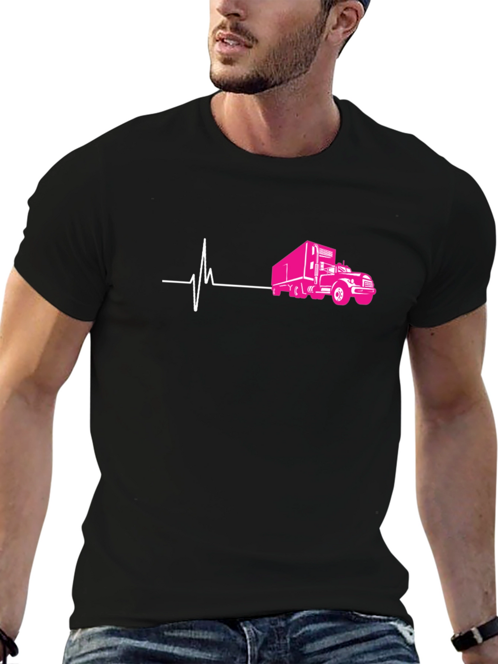 Truck Heartbeat Graphic Tee - Black Cotton T-Shirt