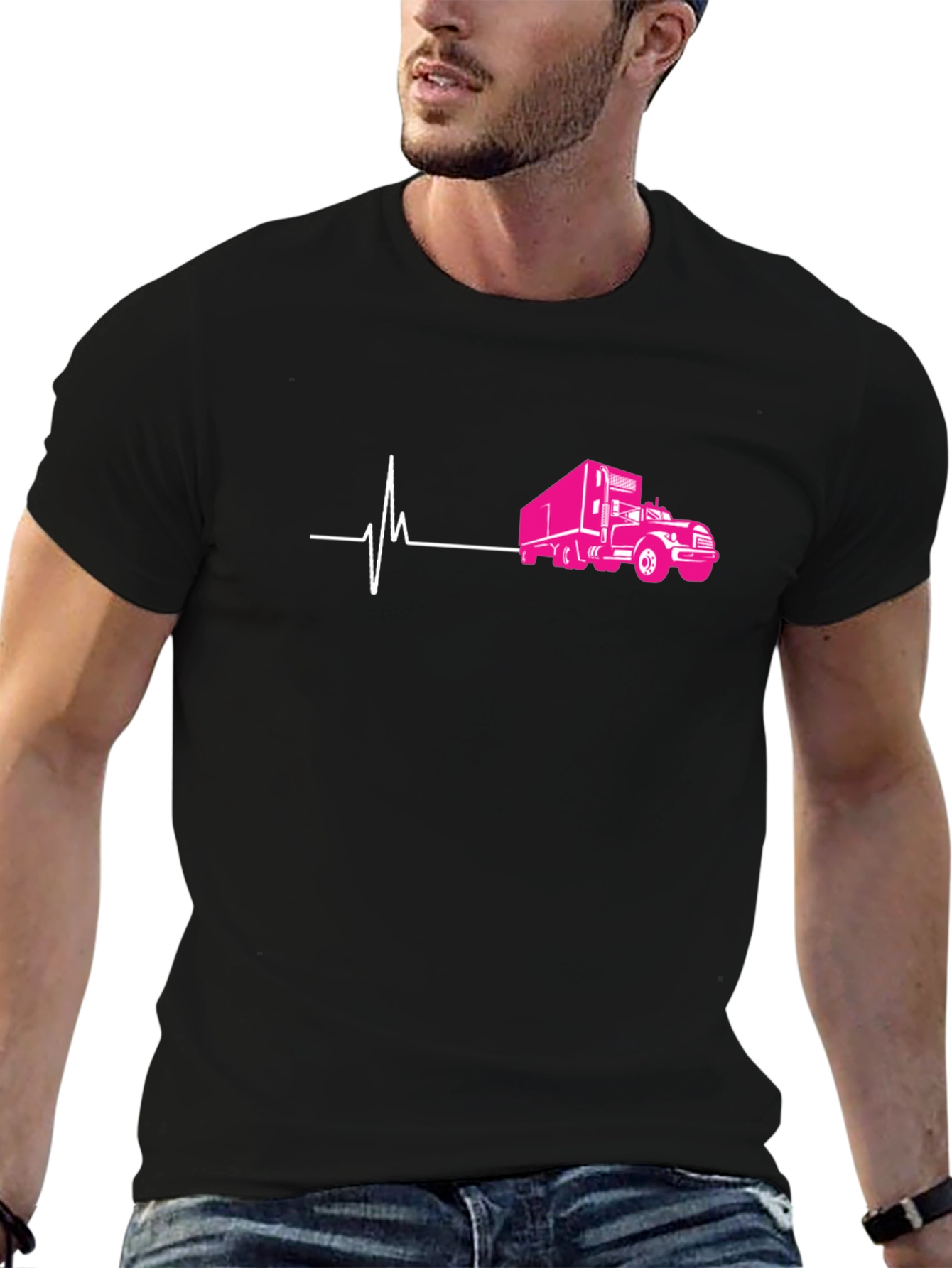 Truck Heartbeat Graphic Tee - Black Cotton T-Shirt
