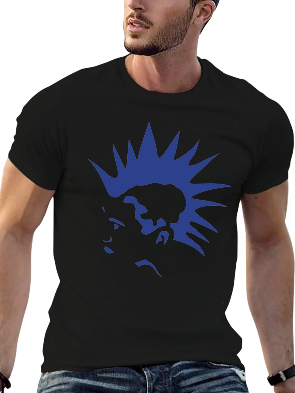 Blue Mohawk Graphic Black T-Shirt