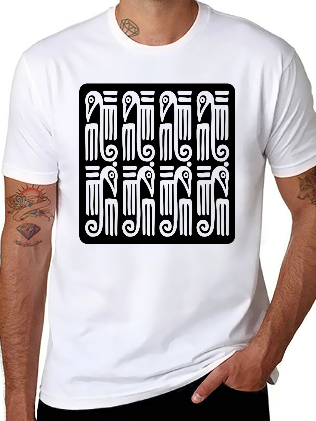 Black T-Shirt with Abstract Bird Pattern
