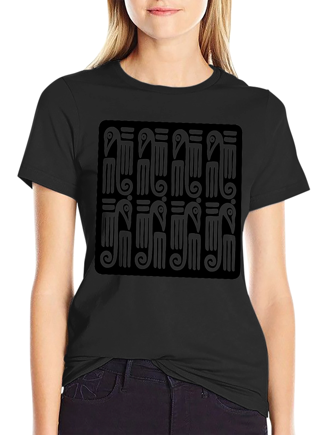 Black T-Shirt with Abstract Bird Pattern