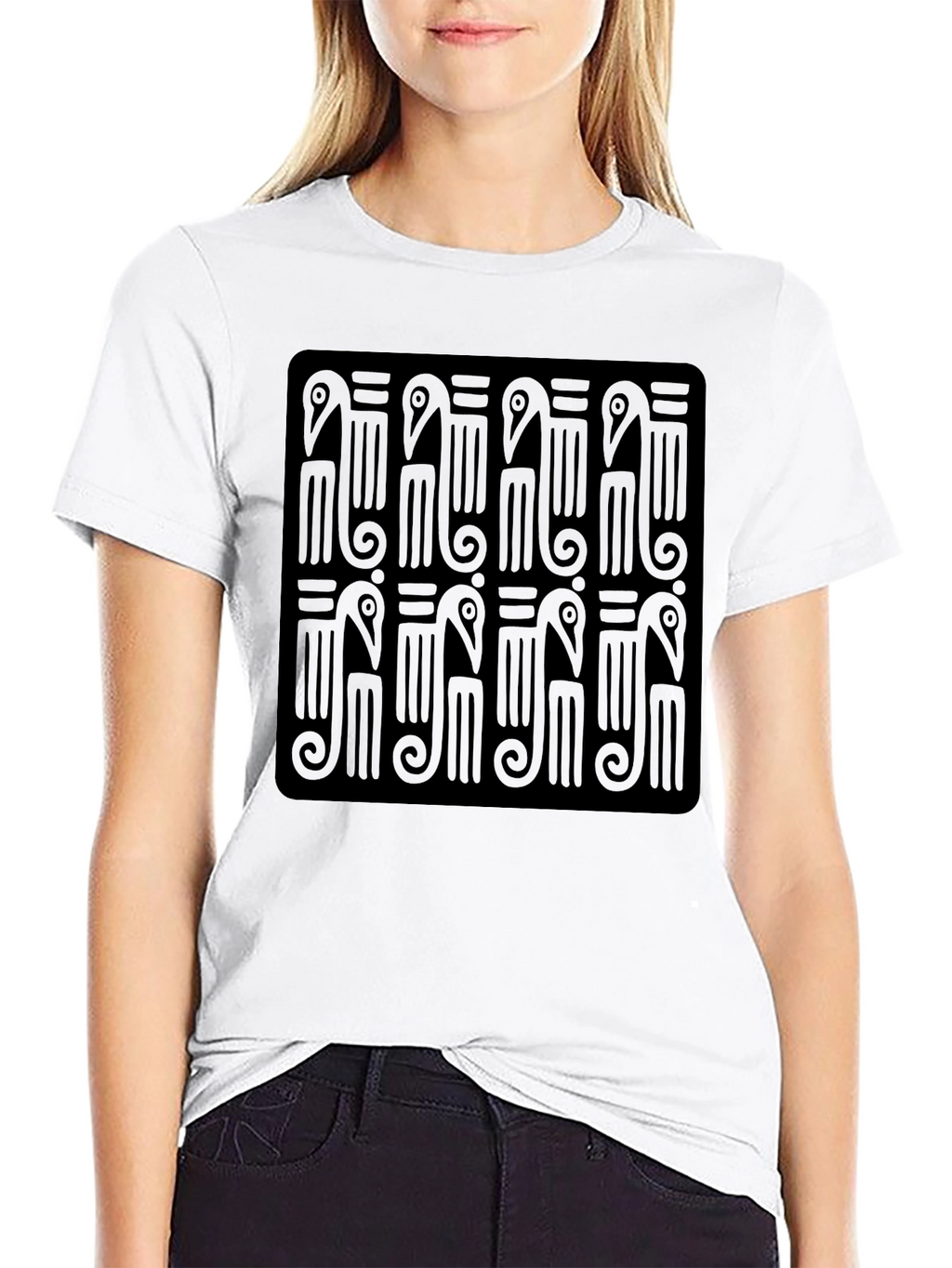 Black T-Shirt with Abstract Bird Pattern
